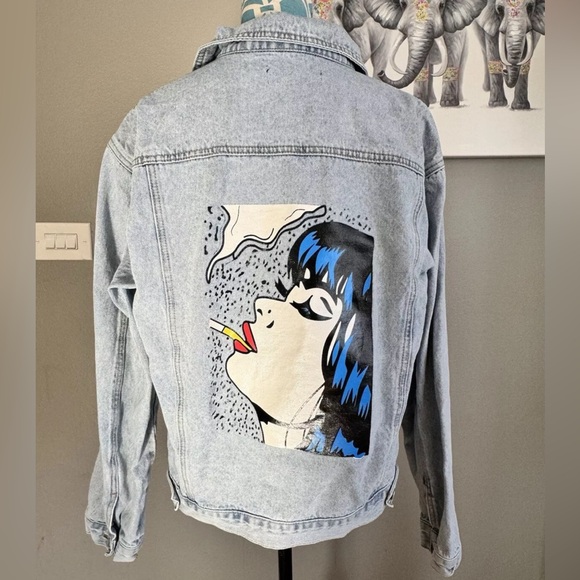 SMOKING KILLS OVERSIZED CARTOON GRAPHIC DENIM JACKET XL - Picture 1 of 5